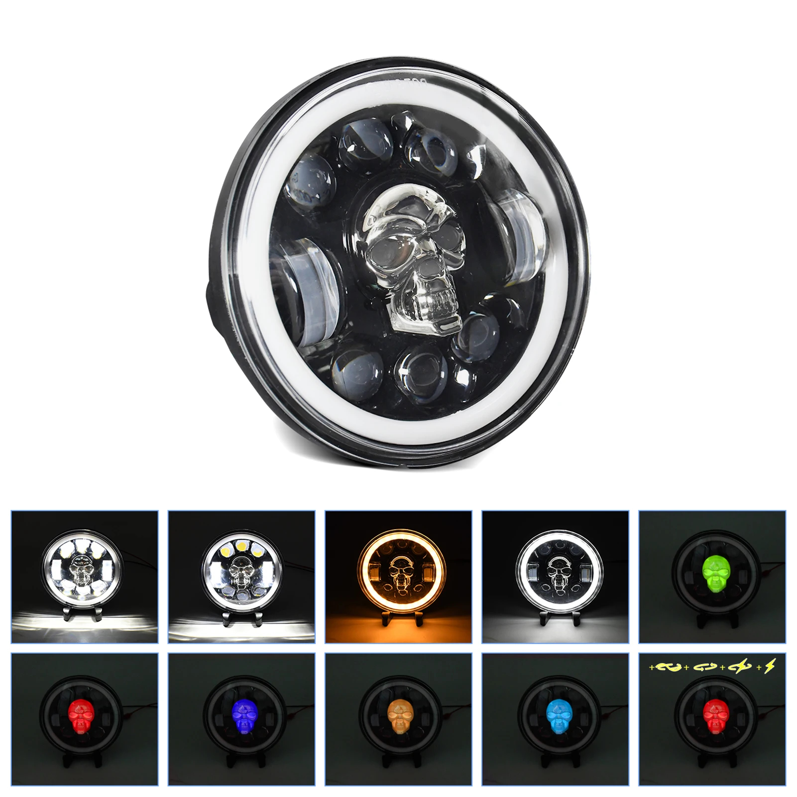 5.75 インチオートバイ LED ヘッドライトスカルパターン LED ヘッドライトハイ/ロービームターンシグナル DRL カラフルなアングルアイライト