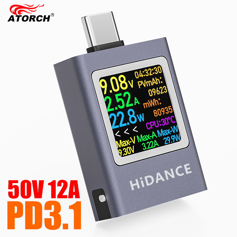 13 in 1 DC 4.5-50V 0-12A 多機能デジタルディスプレイ DC電圧計 電流計 電力計 Type-C 携帯電話充電 PD3.1 テスター