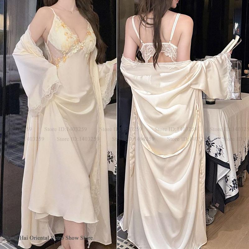 パッチワークレース女性ロングツインセットローブセットセクシーなランジェリーナイトガウンホームドレスエレガントなアイスシルク着物ガウンバスローブパジャマ