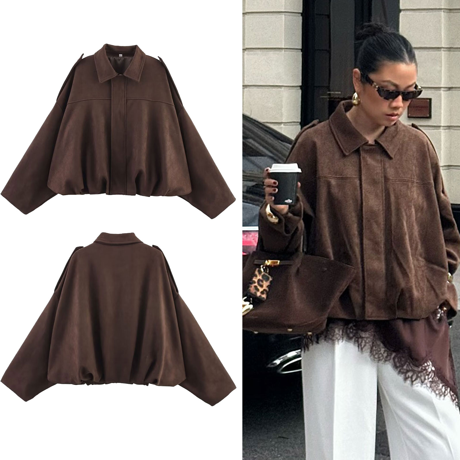 HH 女性のストリートファッションソリッドルーススエードテクスチャコート因果ロングバットスリーブラペルジッパーフライ冬ヴィンテージジャケット