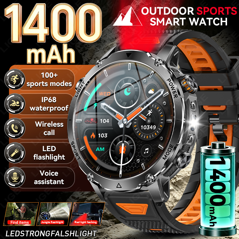 LIGE 2026 軍事 1400mAh バッテリースマートウォッチメンズ屋外懐中電灯 IP68 防水心拍数 Bluetooth 通話スポーツブレスレット