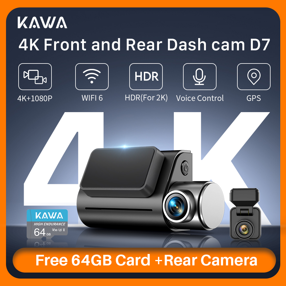 フロントおよびリアダッシュカム KAWA D7 4K、ビデオレコーダー 4K WiFi6 車カメラ、自動用 DVR 小型リアカメラ、APP/音声制御ダッシュカム