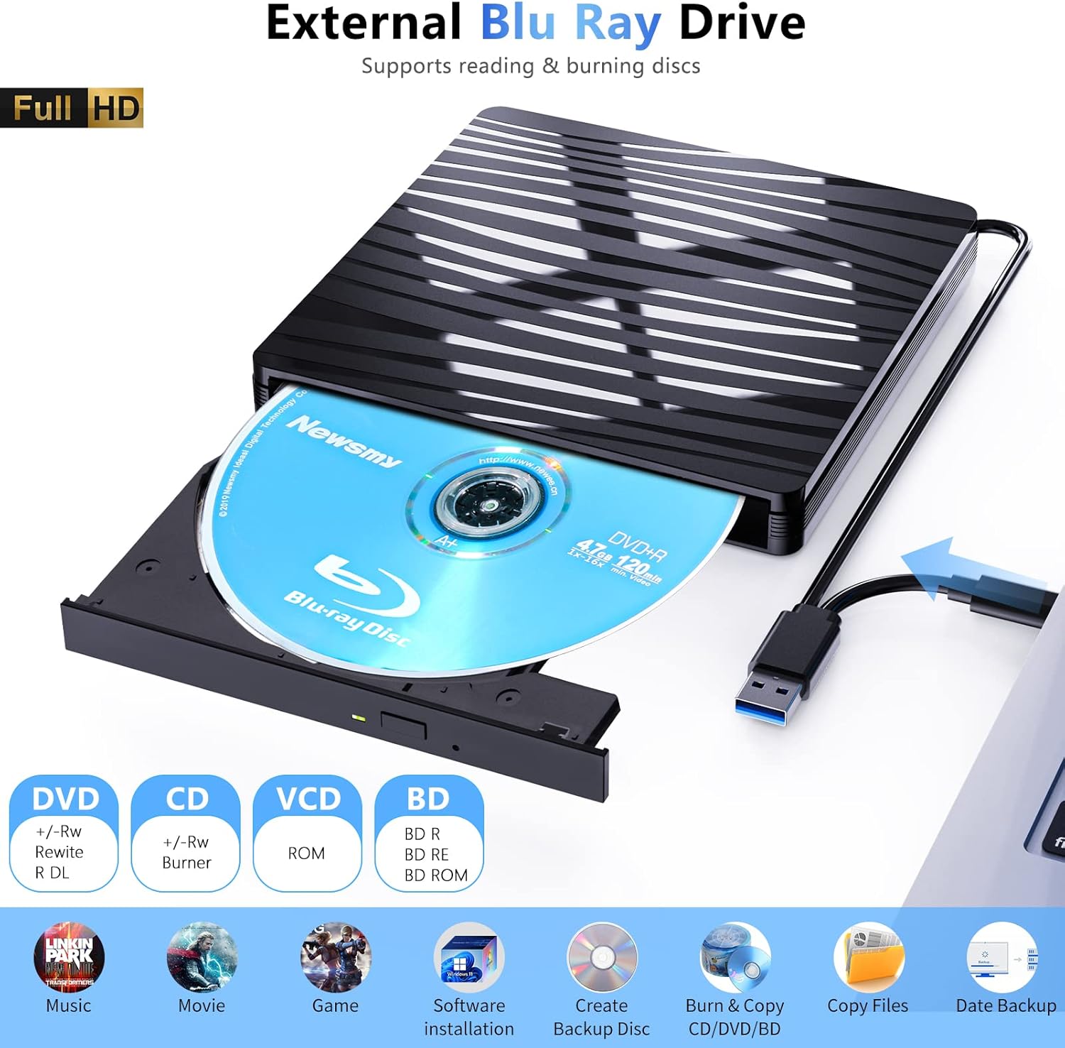外部ブルーレイドライブ、USB 3.0 Type-C ブルーレイバーナー ブルーレイリーダーおよびライター 3D BD-ROM 光学式 DVD レコーダー BD-RE ブルーレイ再生