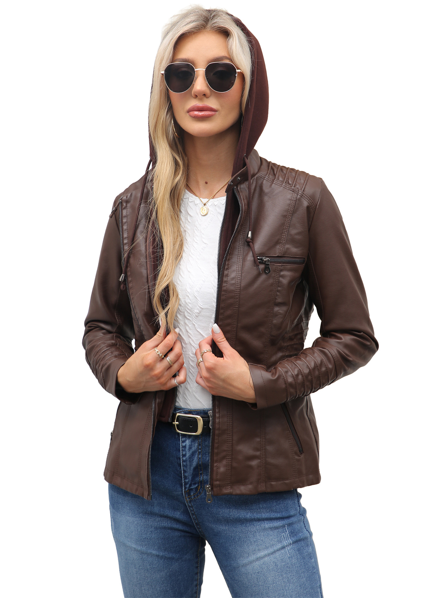 Women's PU Washed Leather Jacket,  , detachable hood Large Fit, Windproof, ,  Autumn,Zip Top Locomotive jacket