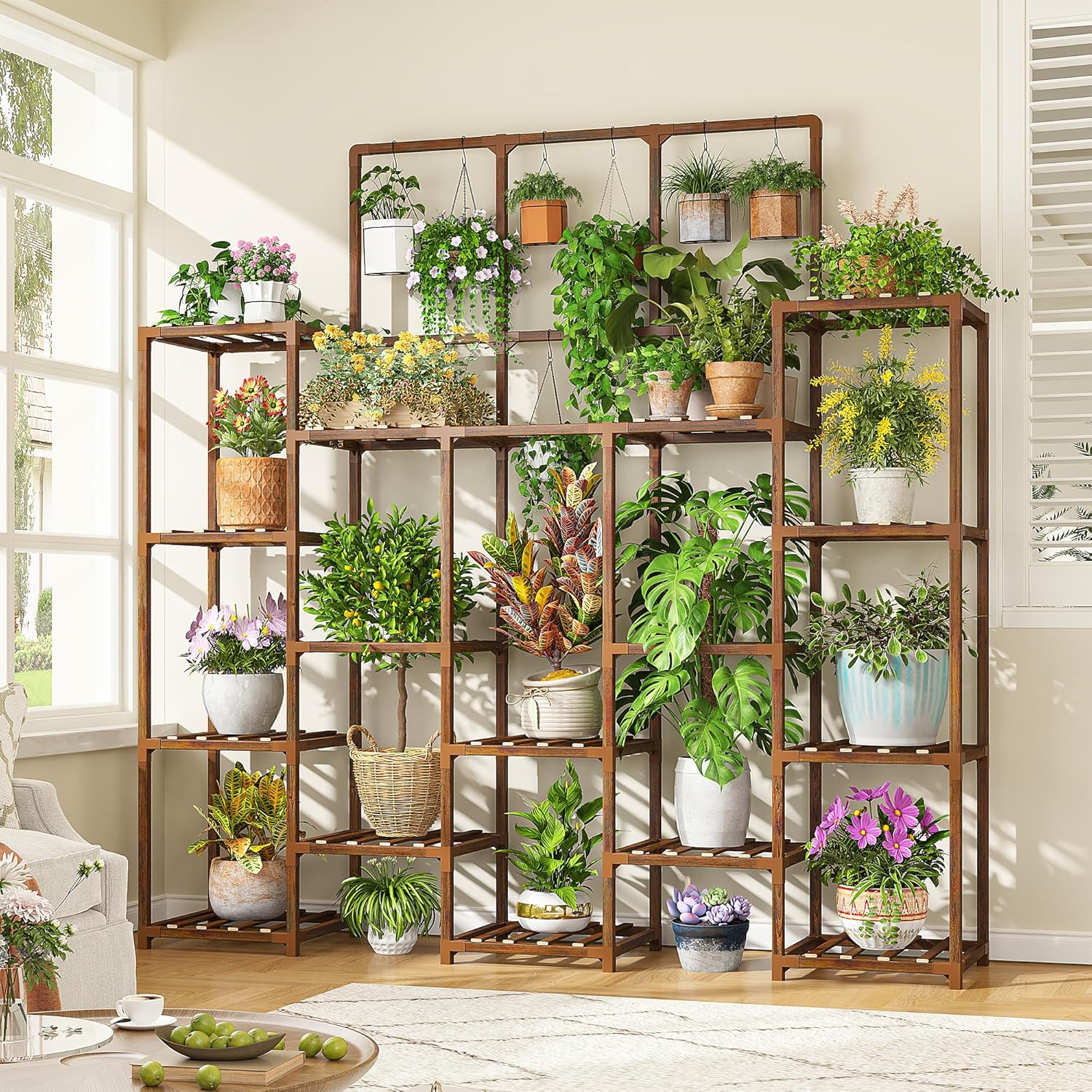14段背の高いプラントスタンド、高さ63インチの木製シェルフ、複数の植物用、屋内/屋外、DIY吊りフック、頑丈