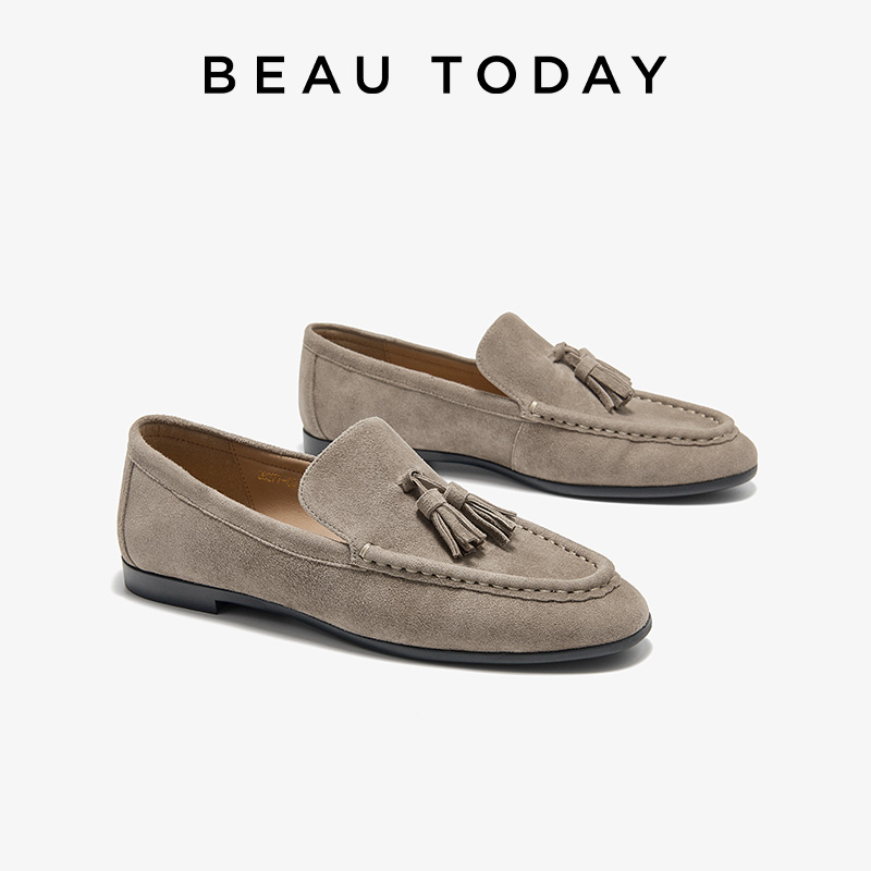 BEAUTODAY カジュアルローファー女性スエードレザータッセルラウンドトゥスリップオン縫製フラットビジネスレディースシューズ手作り 26277