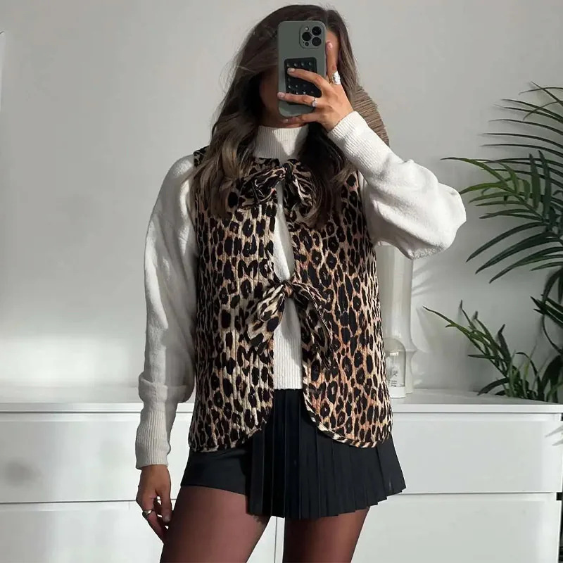 Lamuusaa ヒョウチョッキ y2k 服女性ラウンドネックノースリーブタイアップカーディガントップス 2000s 美的服ストリート