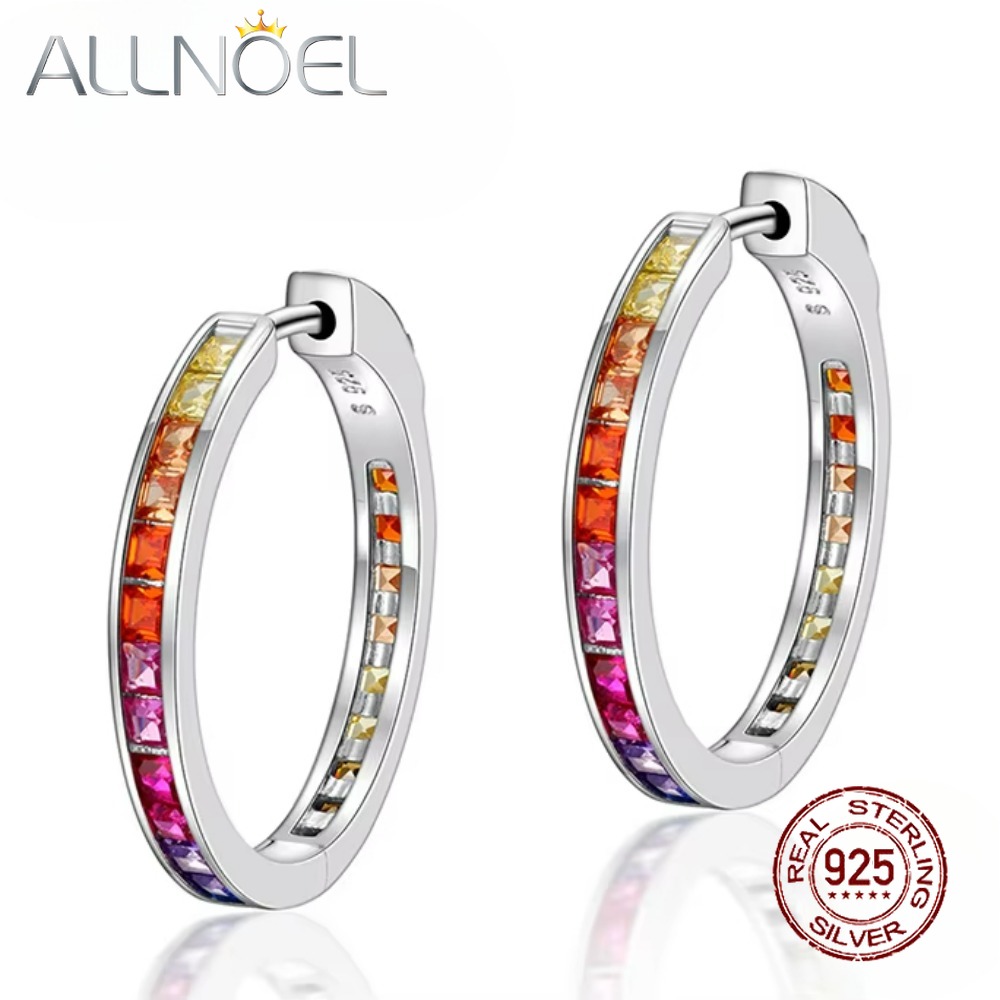 ALLNOEL Pure 925 Sterling Silver Colorful Zircon Rainbow Crystal Round Circle Hoop Earrings Серьги Fine Jewelry Gifts for Women