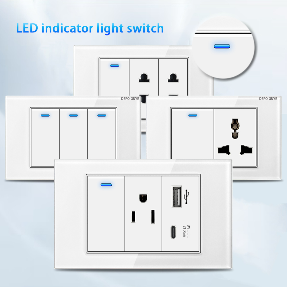 USウォールライトスイッチ電源ソケット、LEDインジケーター付き、ユニバーサルホワイト強化ガラスプラグコンセント、タイUSB Type-c急速充電器