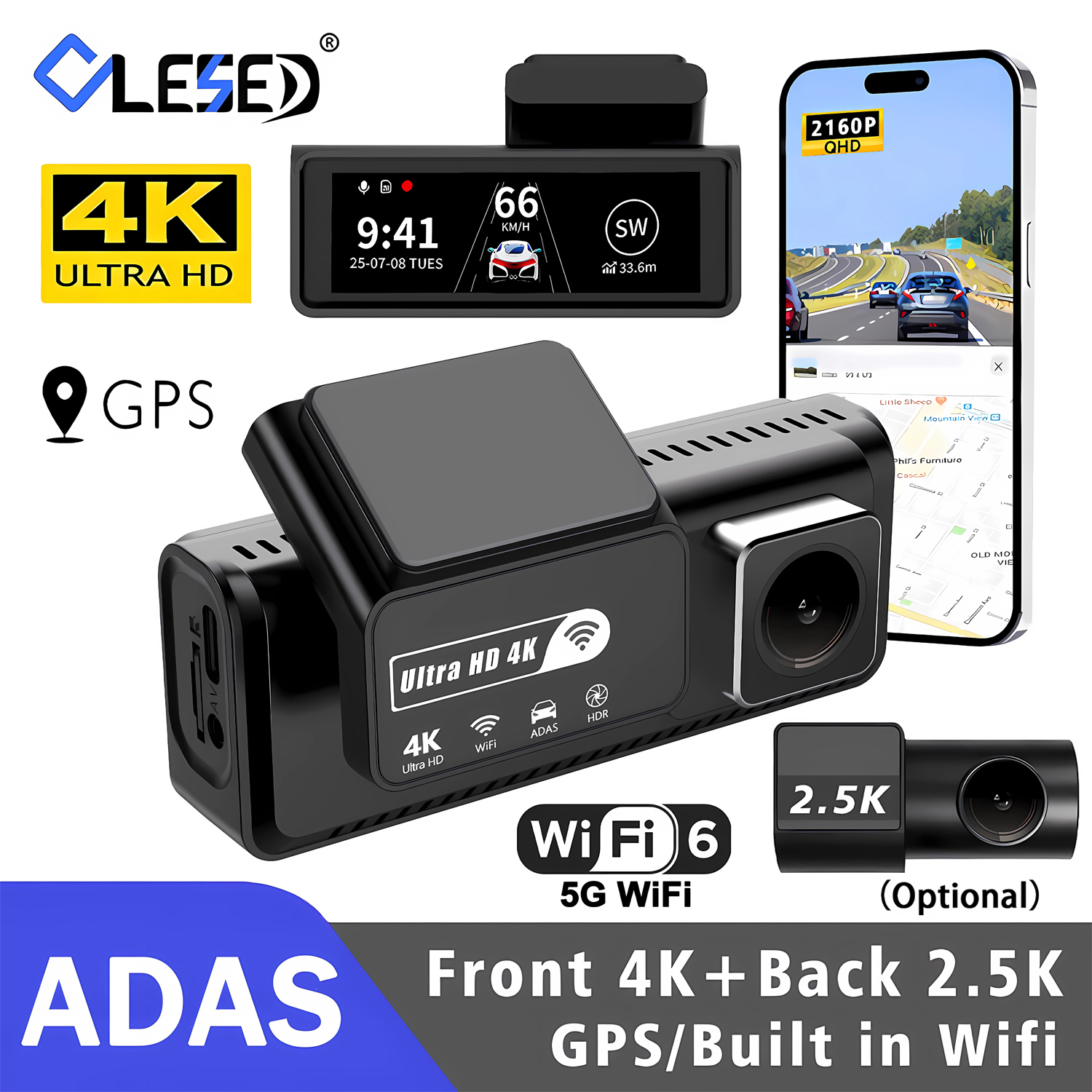 ADAS 4K 車フロントダッシュカム 2.5K リアミニ 5G WiFi DVR ブラックボックス 24H パーキングモニターナイトビジョン GPS/リアビューカメラ付き