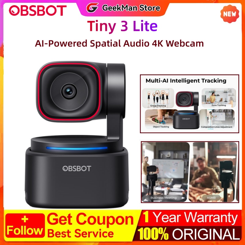 OBSBOT Tiny 3 Lite AI 搭載空間オーディオ 4K ウェブカメラ - AI トラッキング PTZ カメラ 1/2 インチセンサー付き トライマイク音声コントロール 120FPS