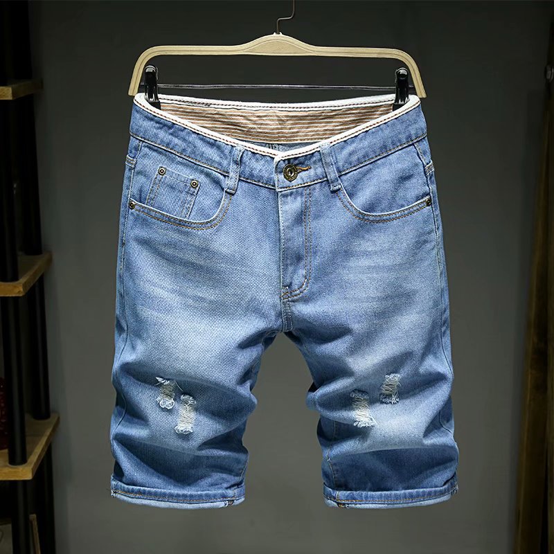 男性デニムショーツ夏の新スタイル薄部弾性力スリムフィットショートジーンズ男性ブランド服ライトブルーレトロブルー