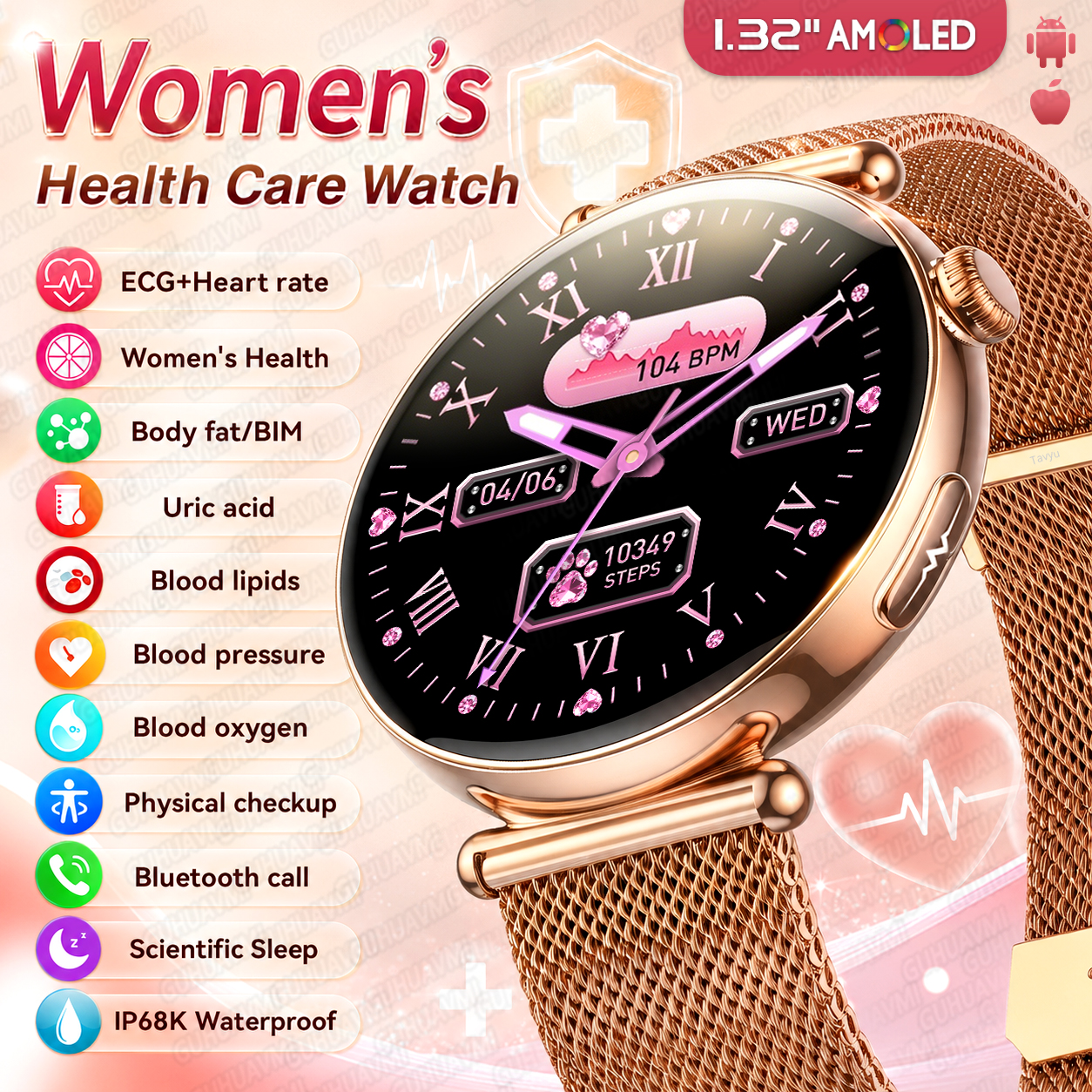2026 新しい女性のヘルスケアスマートウォッチ ECG 血圧尿酸血中脂質スポーツ IP68K Bluetooth 通話ファッションスマートウォッチ