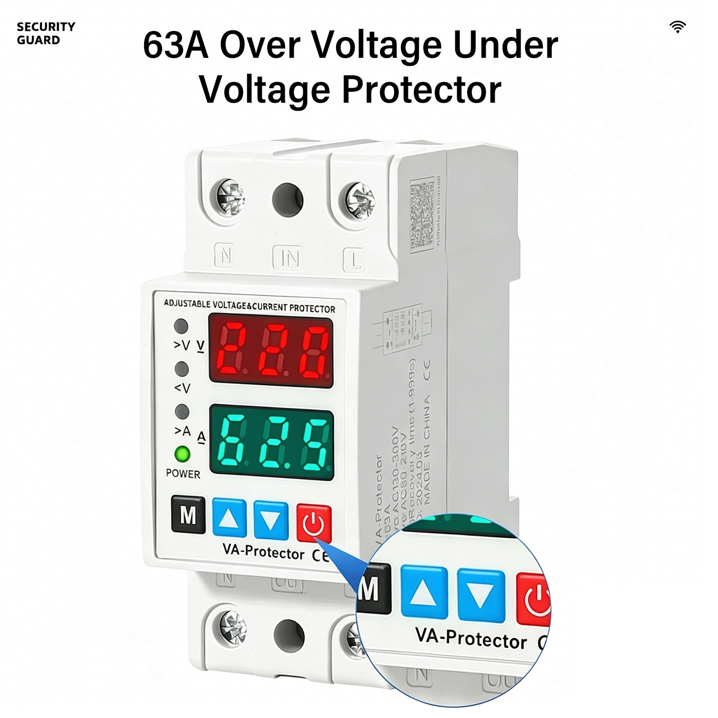 63A DIN レール 230V 調整可能な過不足電圧保護装置、電流制限保護電圧計、プロテクター付き