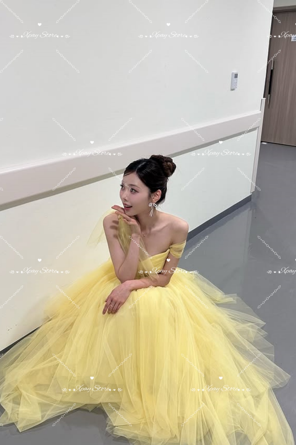 XPAY テンダーイエローワンショルダーボールガウンプリーツ韓国イブニングドレス誕生日ソフトチュール結婚式の写真撮影カスタマイズ