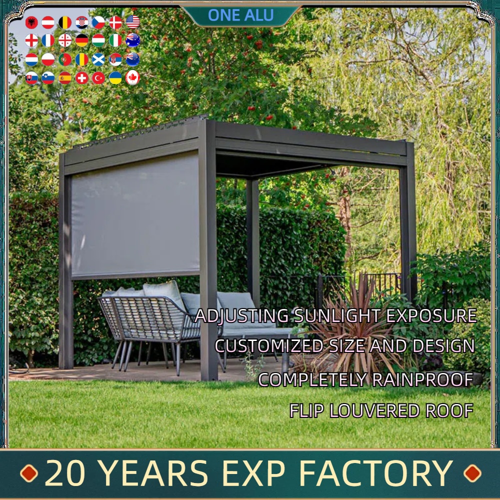 Bioclimatic Aluminum  Pergola 3x4m/10x13ft Manual flip louvered roof with  roller blinds  gazebo canopy carport garden
