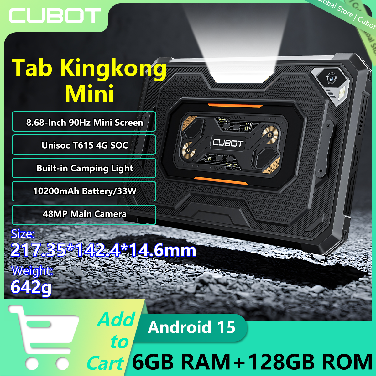CUBOT Tab Kingkong ミニ頑丈なタブレット Unisoc T615 4G 8.68 インチ 90Hz 6GB 128GB キャンプライト 10200mAh バッテリー 33W Android 15