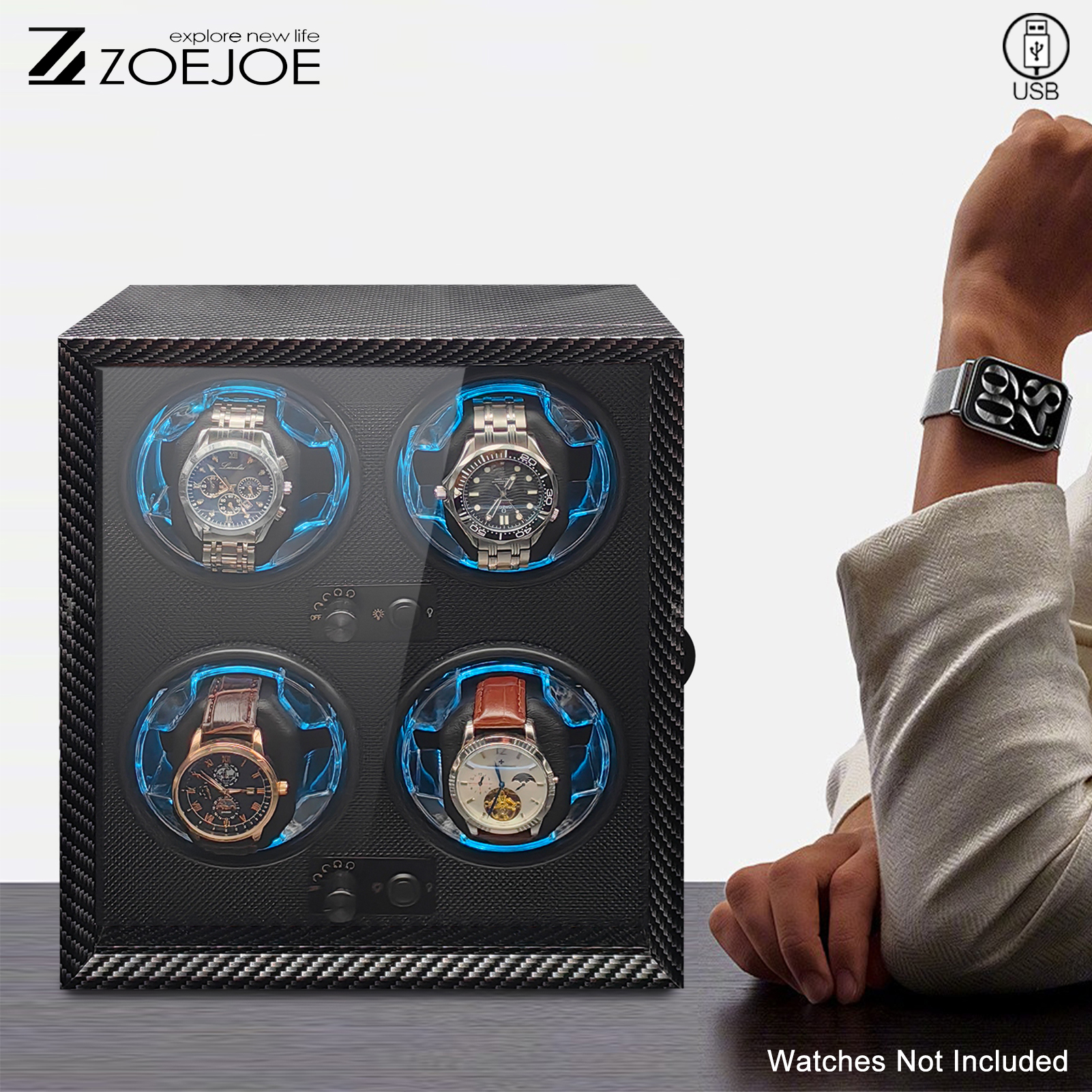 ZOEJOE 4 0/2 0 ウォッチワインダー カーボンファイバー質感 USB電源 静音モーター クリアカバー 自動機械式時計収納ボックス