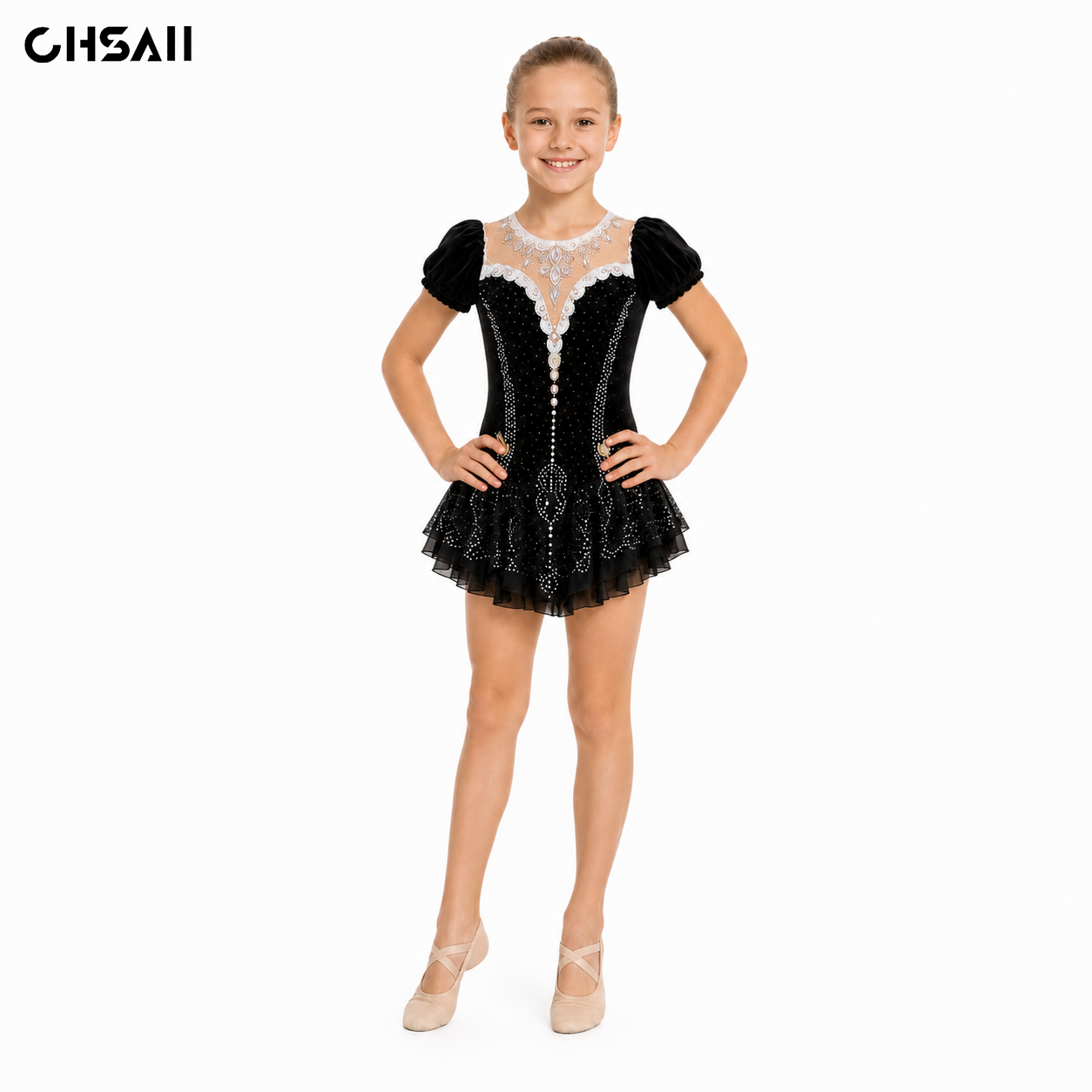 Girls Black Figure Skating Dress Rhinestone Puff Sleeve Nude Mesh Lace Gymnastics Leotard Kids Dance Competition Costumes Outfit