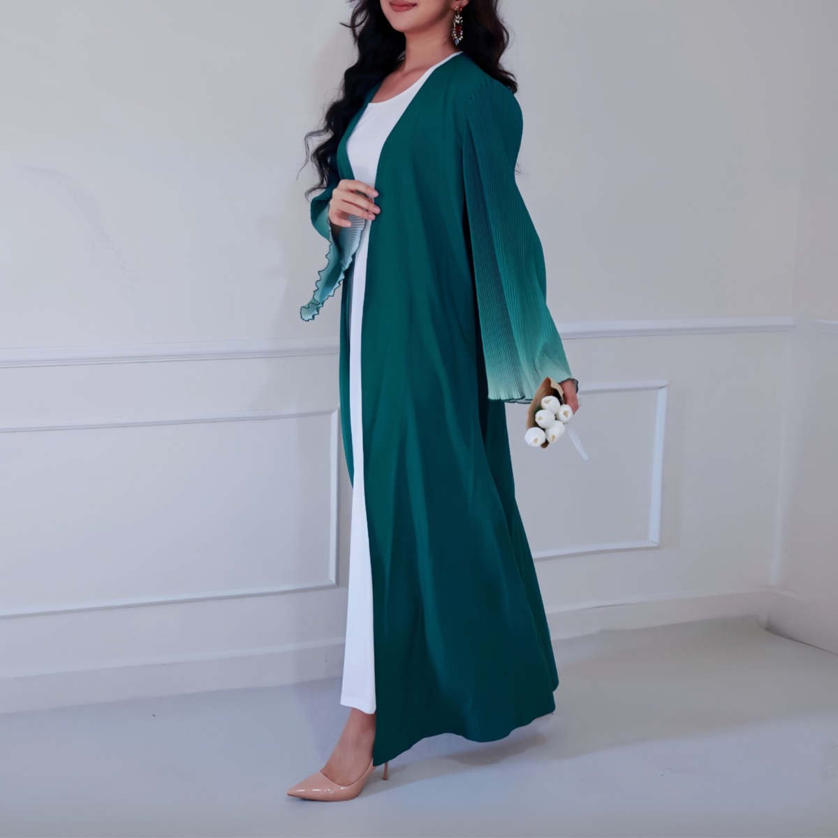 エレガントなアバヤイスラム教徒フレアスリーブカジュアルアラビア中東オープンフロントアバヤトルコカフタン女性 Jilbabs イスラムマキシドレス