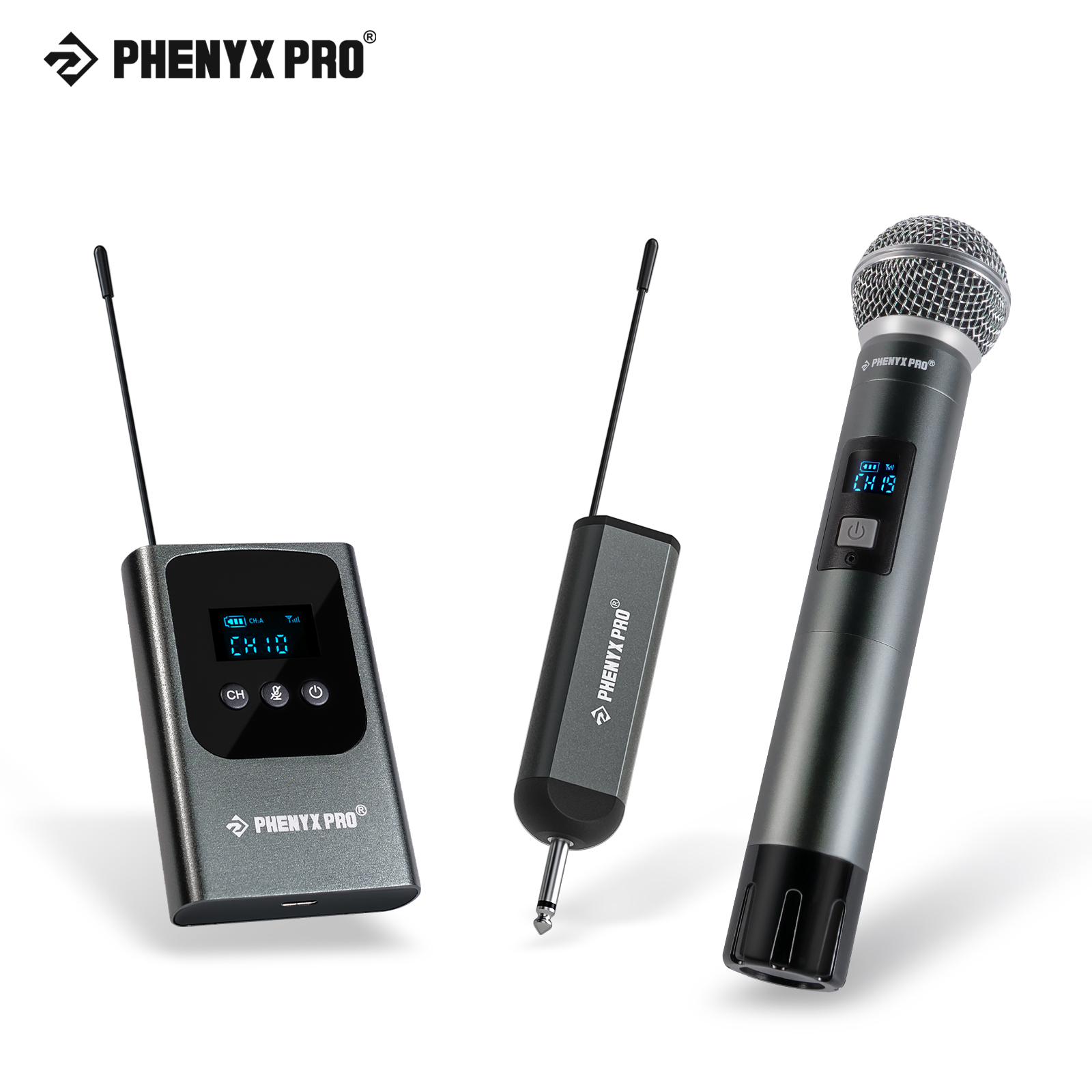 Phenyx Pro デュアル デジタル ワイヤレス マイク システム、2x15 UHF チャンネル、ハンドヘルド/ボディパック トランスミッター (PDP-2) 付き