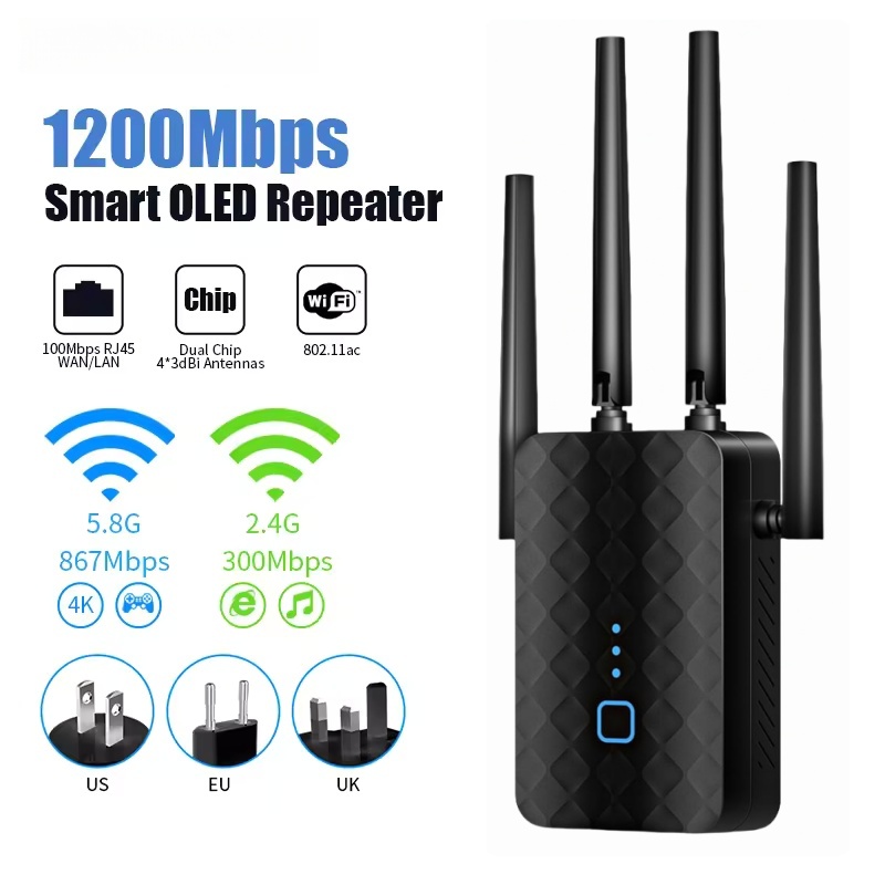 1200Mbps 2.4G 5GHz WiFi リピーター ワイヤレス デュアルバンド WiFi エクステンダー 802.11ac ギガビットアンプルーター長距離信号ブースター