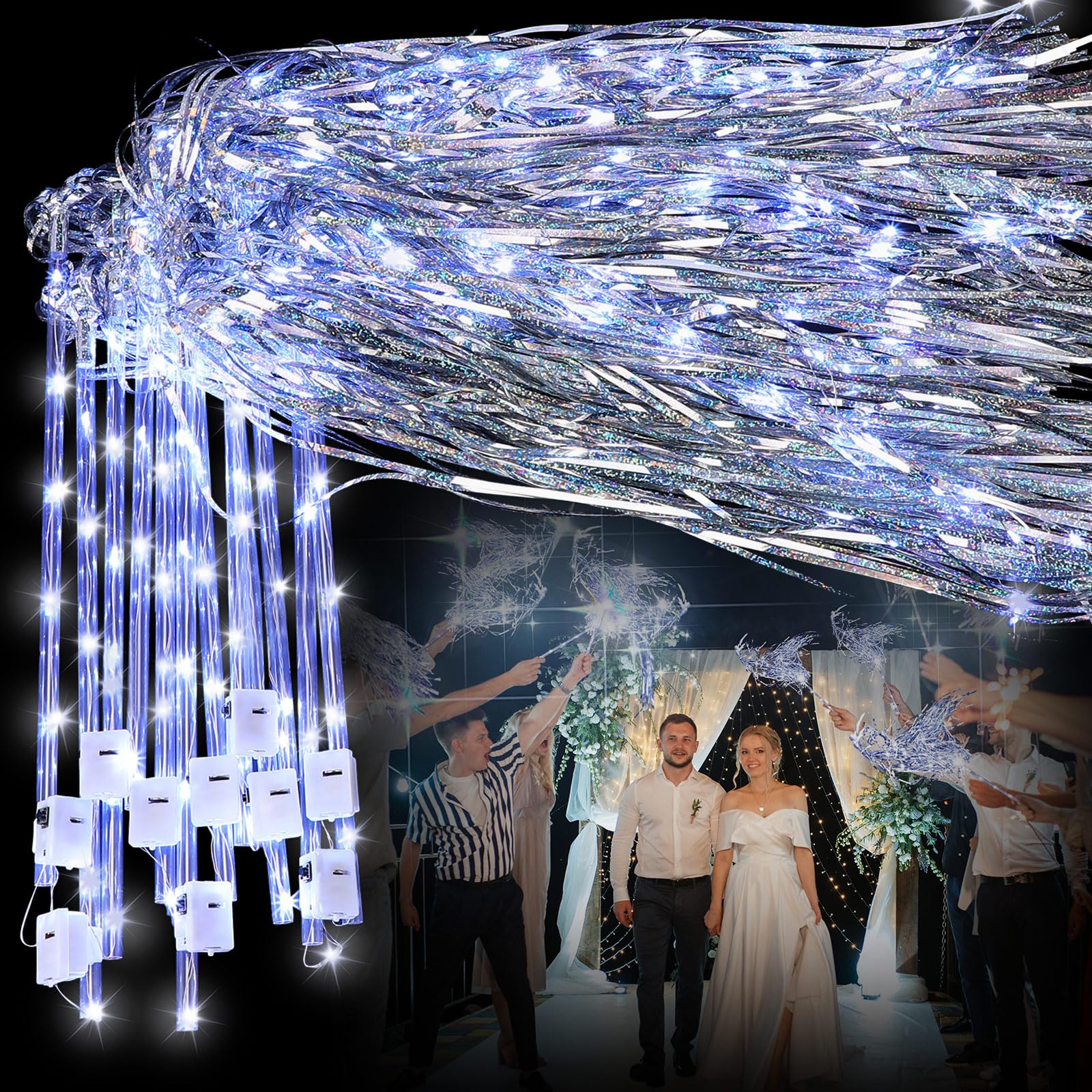 12～60個 ライトアップ ウェディング線香花火 ウェディングワンド リボンストリーマー LED シルクフェアリーワンド ベル付き 誕生日コンサートレイブ用