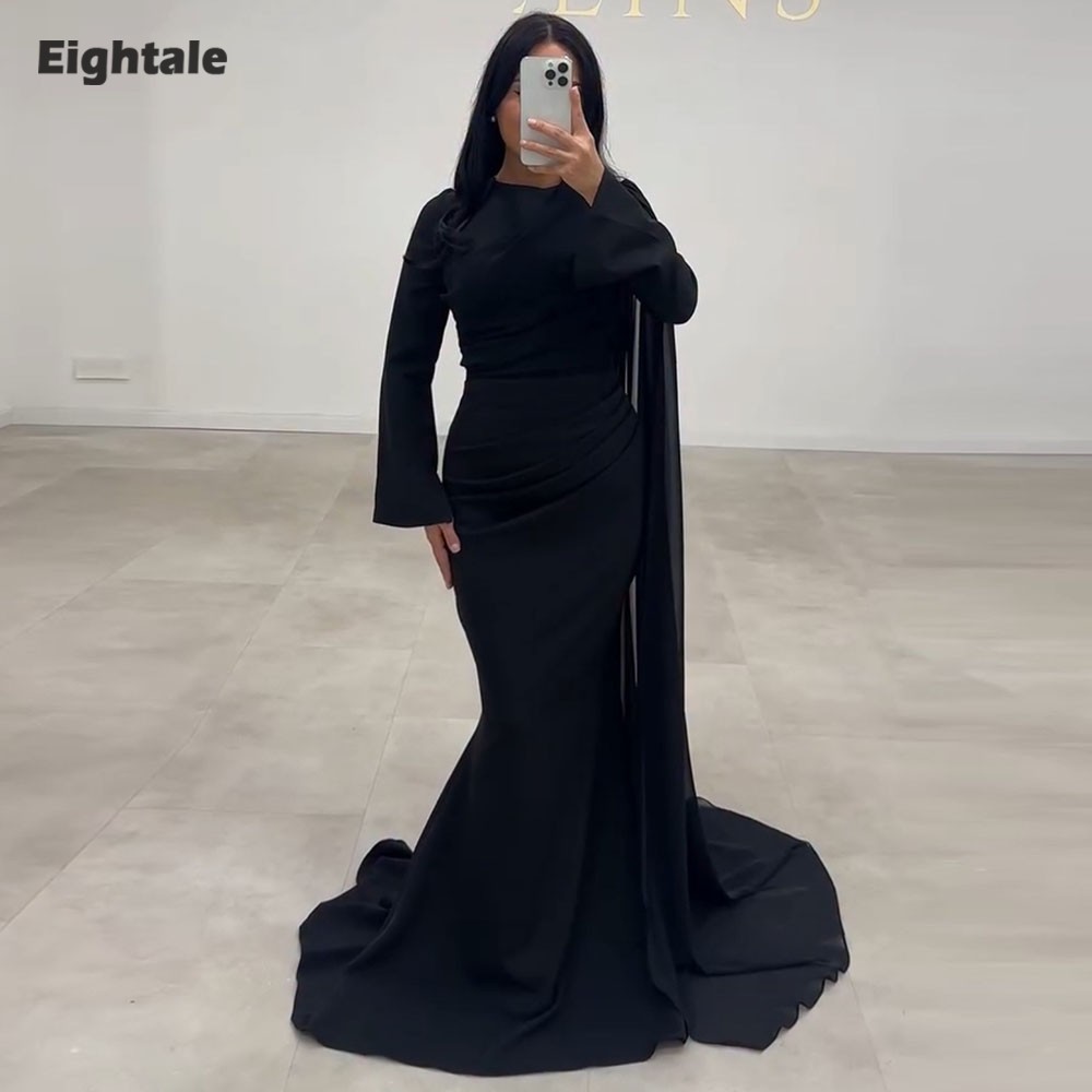 Eightale アラビアイブニングドレス ウェディングパーティー Oネック 長袖 フロアレングス イスラム教徒 マーメイド ブラック カスタマイズされたプロムドレス