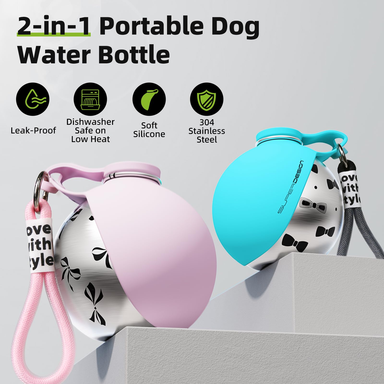 小型犬用 2-in-1 ポータブル犬用ウォーターボトル - 漏れ防止