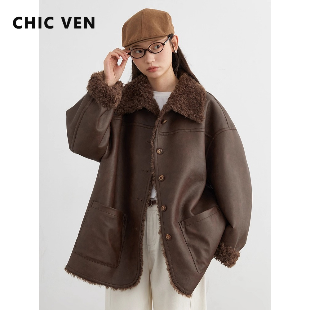 シック VEN 女性フェイクレザージャケットコートルーズカジュアル可逆ミッドレングス PU オーバーコートレトロレディースアウター秋冬 2025