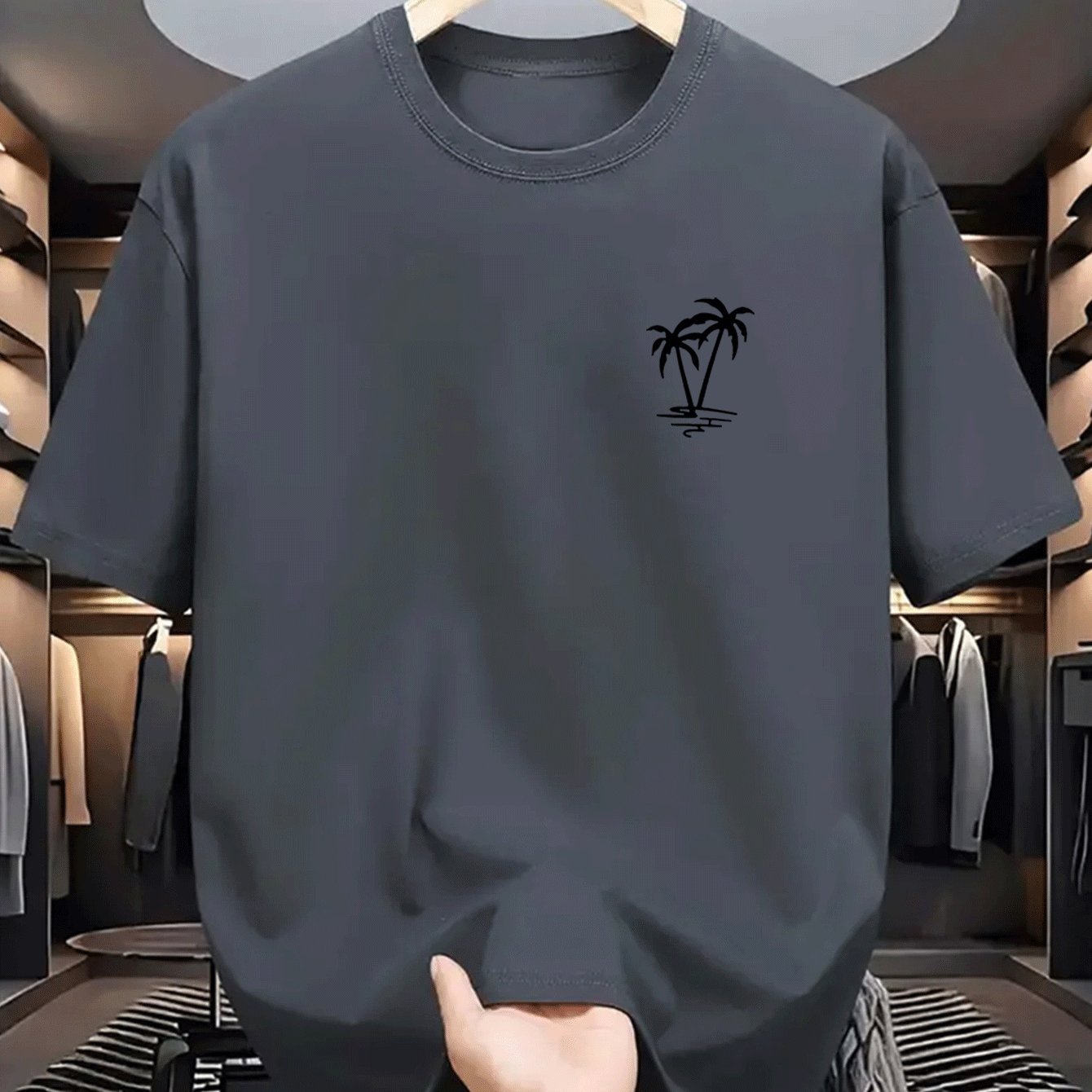 メンズ夏綿100%ファッショナブルカジュアルルーズココナッツツリーパターンプリントスポーツラウンドネック半袖Tシャツトップ