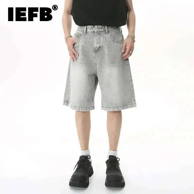 IEFB 夏メンズカジュアルジーンズショートパンツルーズミッドハイウエストファッション膝丈デニムショートパンツヴィンテージ男性新韓国 9A8588