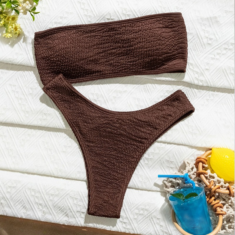 セクシーなリブコーヒーバンドービキニセット 2 個ハイウエスト Tバック水着水着水着 Biquini Bakini Trikini