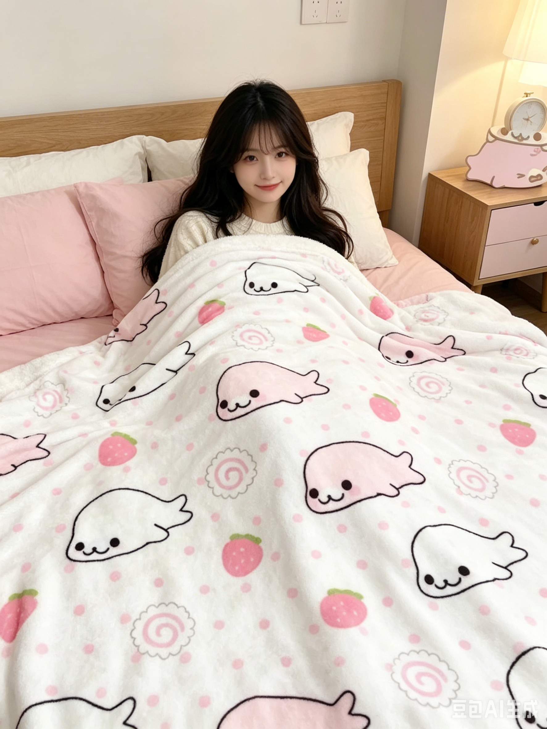 かわいい漫画ピンクホワイトシールストロベリープリントスローブランケット、ソフトパステル渦巻きドットパターンフランネル居心地の良いブランケット、暖かい装飾BL