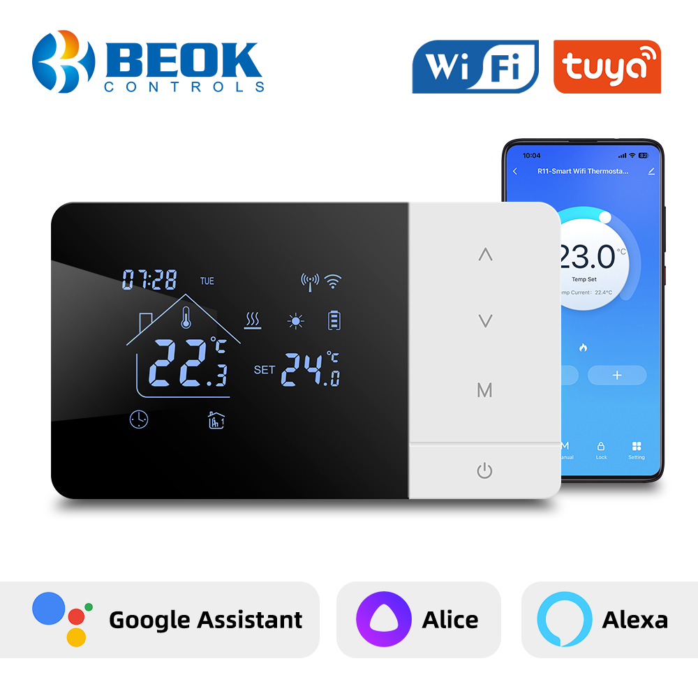 Beok バッテリー駆動 WiFi サーモスタット ガスボイラー加熱/冷却 Tuya スマート温度コントローラー、Google ホーム Alexa 用