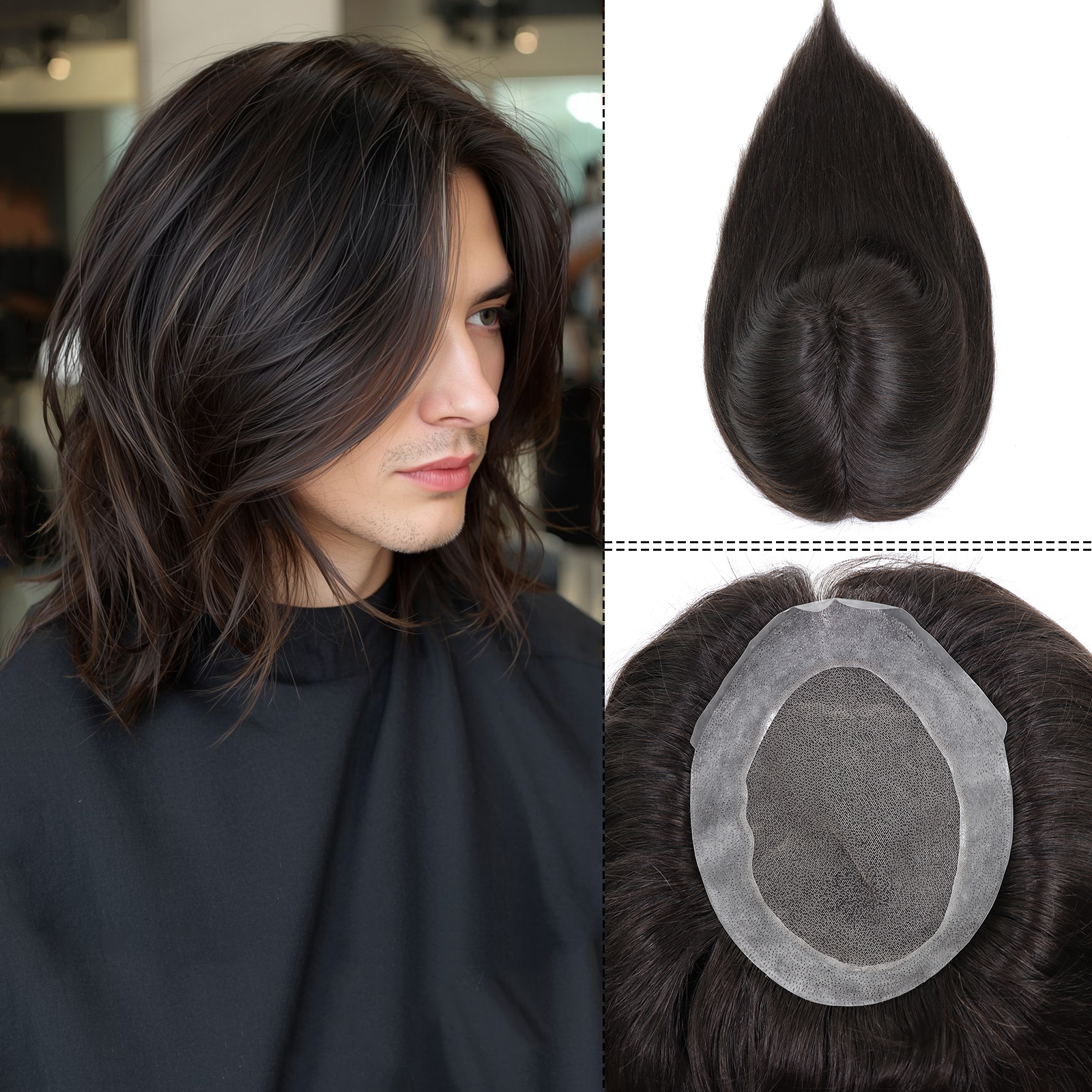 12 "ロングストレートマンウィッグ人毛黒メンズヘアピースかつら男性オーストラリアレース Pu 交換ヘアシステム男性のための