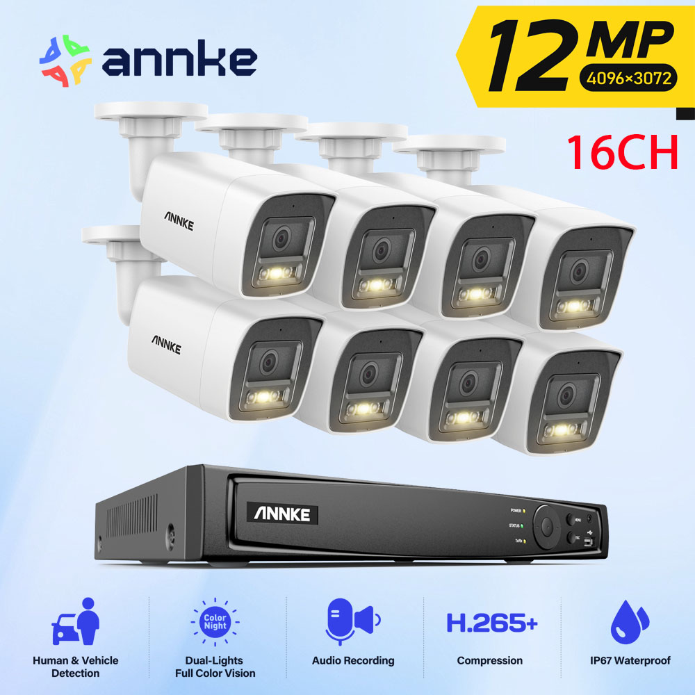 ANNKE 12MP カメラキットスマートデュアルライトセキュリティ 16CH NVR POE カメラ屋外 CCTV ビデオ監視保護カメラ