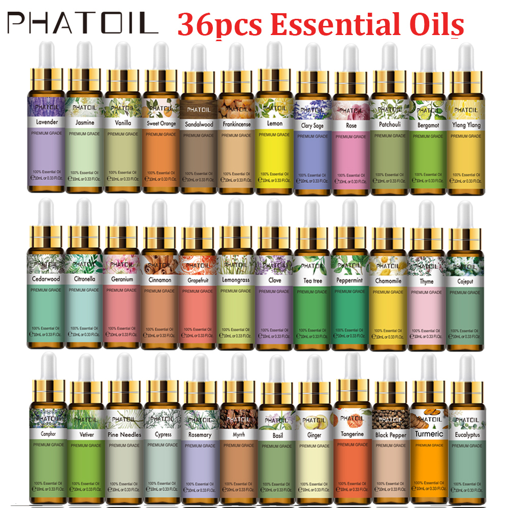 PHATOIL 36 ピース/セットエッセンシャルオイルスポイト付き 10 ミリリットルラベンダーバニライランローズジャスミンユーカリサンダルウッドティーツリーカモミール
