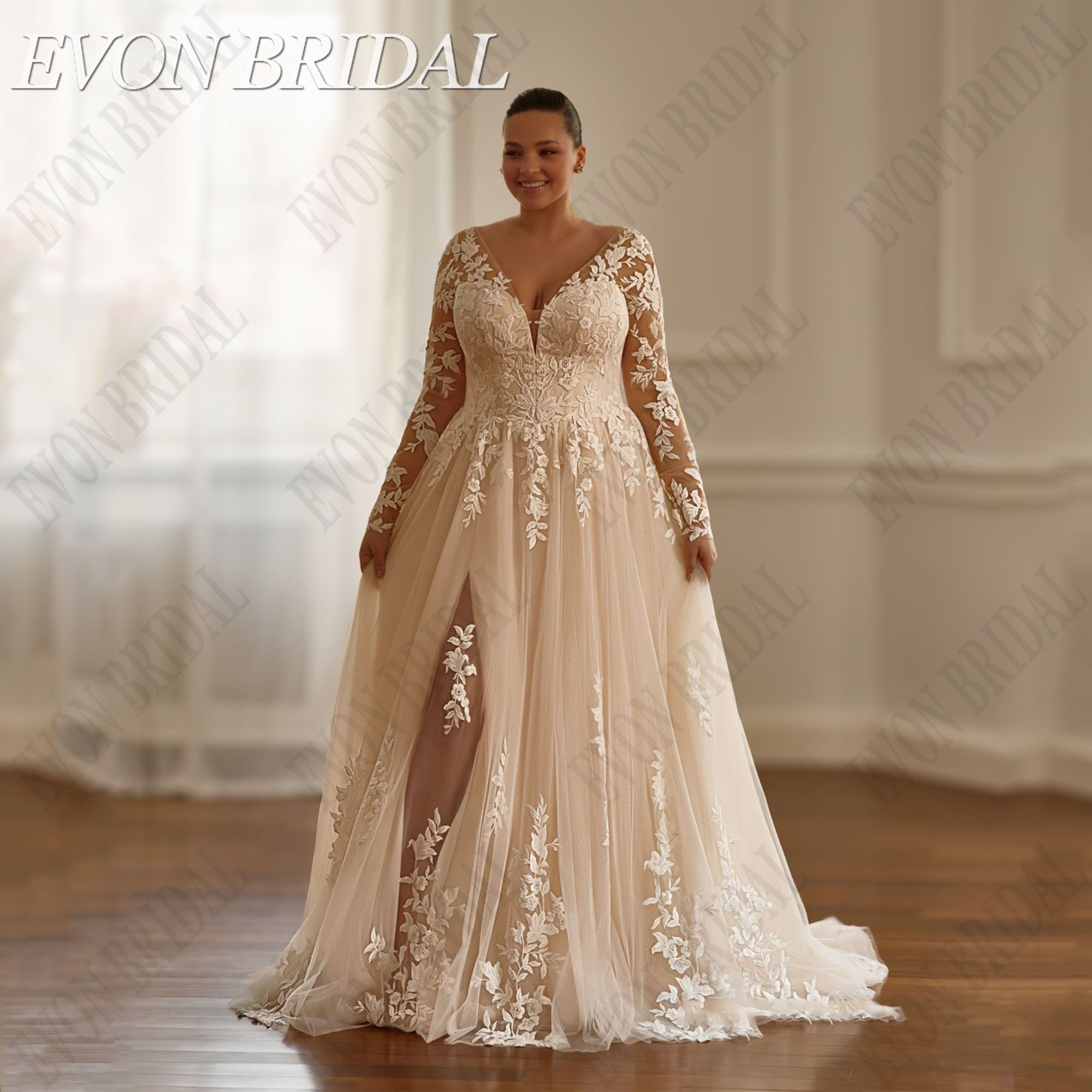 EON BRIDAL カスタマイズされた V ネックプラスサイズのウェディングドレスフルスリーブ A ラインチュール Vestidos デノビアアップリケロング花嫁ドレス