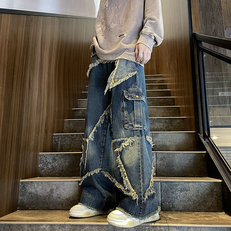ストリートビッグスターエッジジーンズカーゴパンツ男性女性服 Y2K ルーズヒップホップワイドレッグパンツ原宿カジュアルデニムズボン