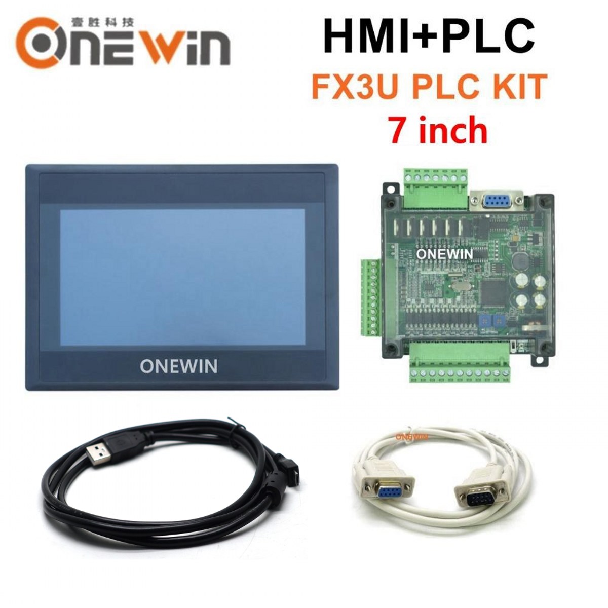 HMI タッチ スクリーン パネル 7 インチおよび FX3U シリーズ PLC 産業用制御ボード、ダウンロード通信ケーブル付き ONEWIN