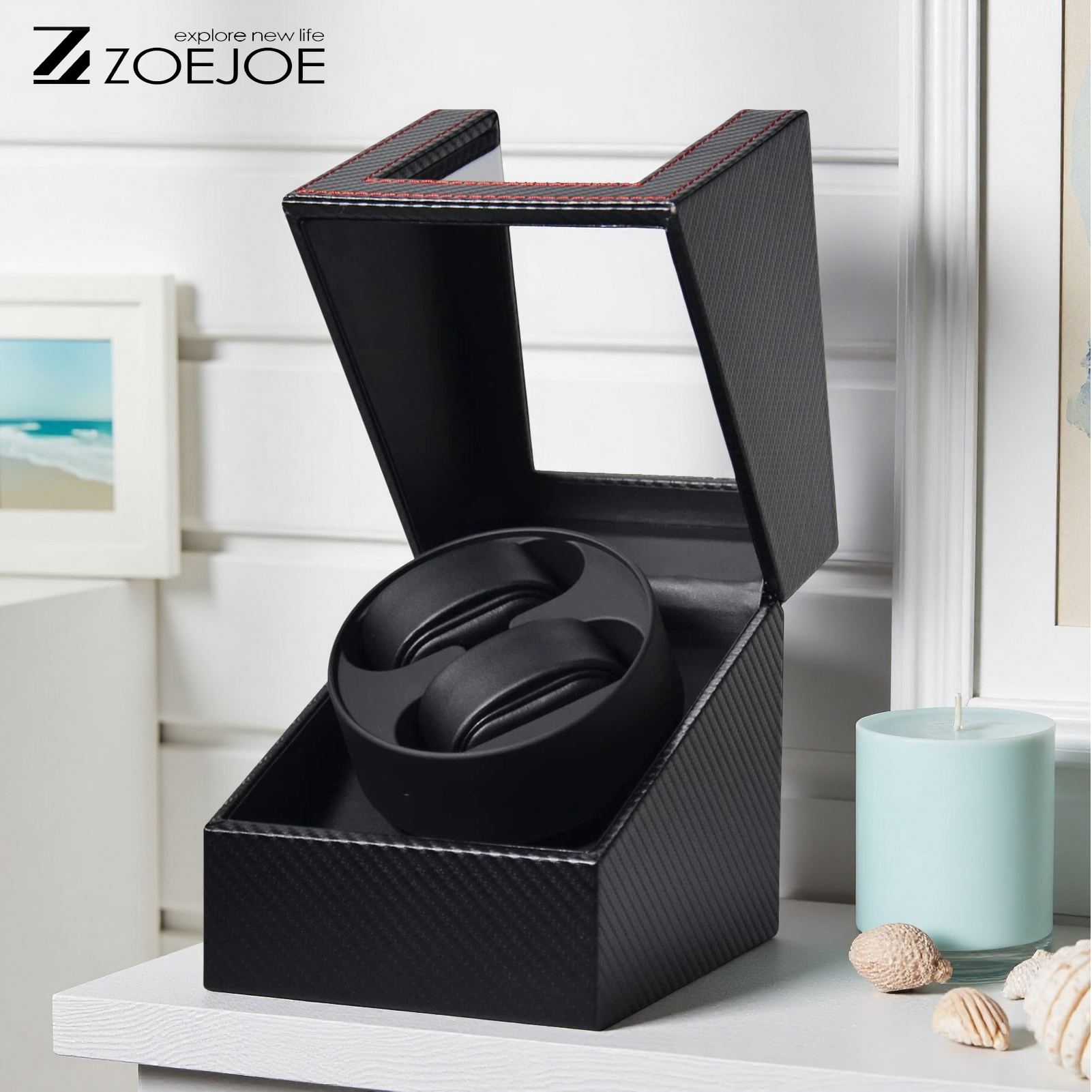 ZOEJOE 2 0 ウォッチワインダー カーボンファイバー質感 静音モーター コンパクトサイズ 自動機械式時計収納ボックス メンズ レディース