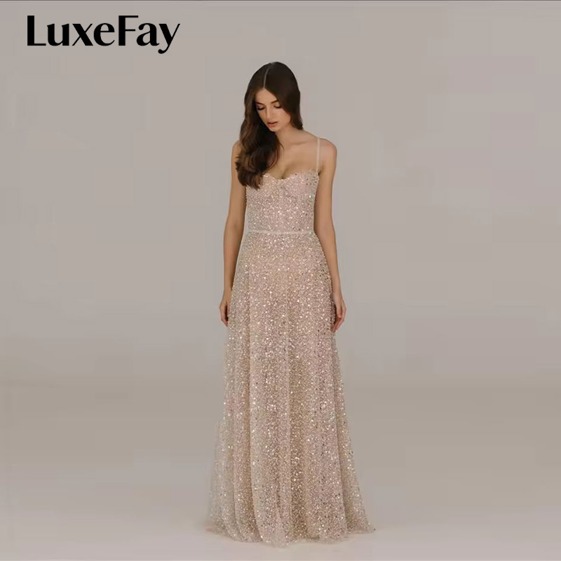 LuxeFayシャンパンビーズ A ラインウエディングドレス光沢のあるスパゲッティストラップイブニングドレスノースリーブ Vestidos デ フィエスタカスタマイズ