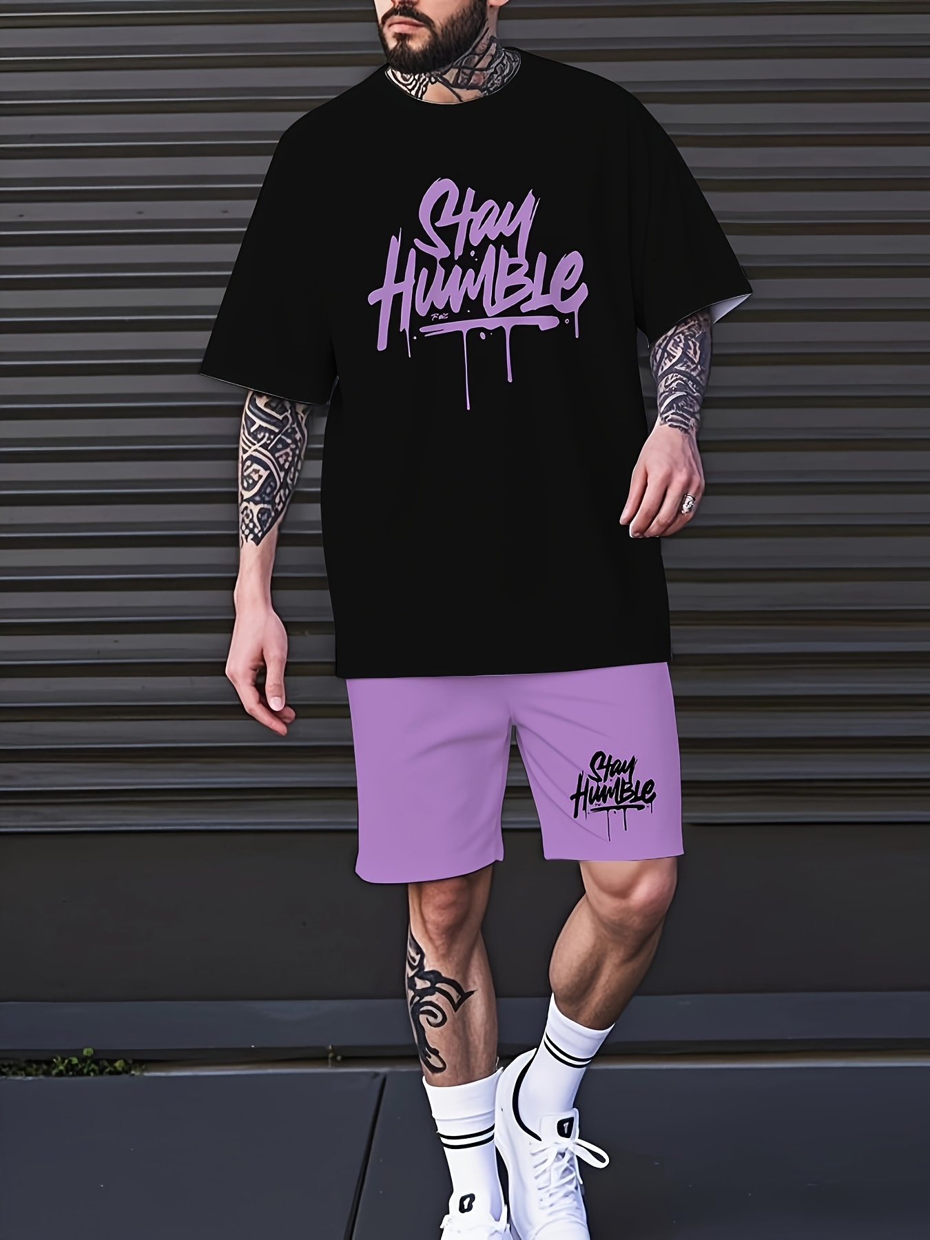 男性ドリップスローガングラフィックツーピーストラックスーツクルーネック Tシャツ弾性ウエストポケットカジュアルランニングショーツヒップホップストリート衣装