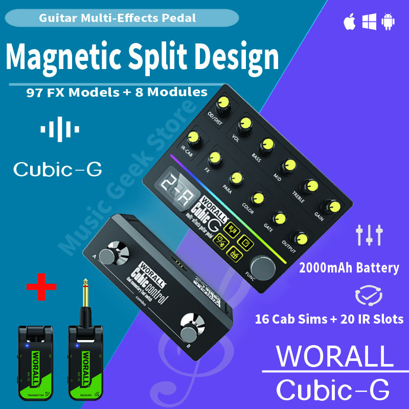 WORALL CubiC G 磁気スプリットヘッドギターペダルマルチエフェクト、97 エフェクト、16 Amp Sim、IR ローダー、Bluetooth、OTG 付き