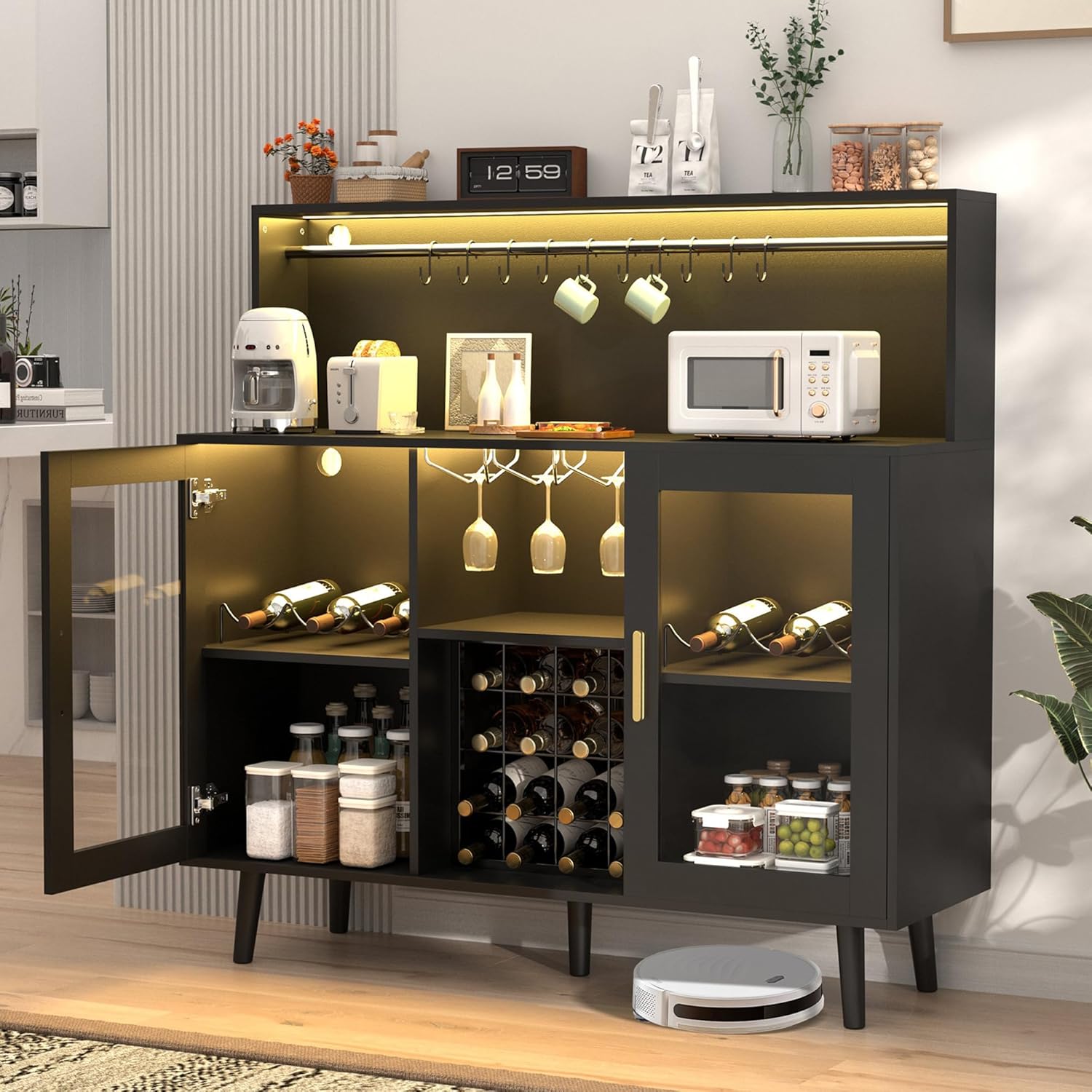 LEDライト付きワインバーキャビネット、酒用コーヒーバー、ガラスラックと取り外し可能なワインラック付きアルコールキャビネット、ホーム、カスタマイズ