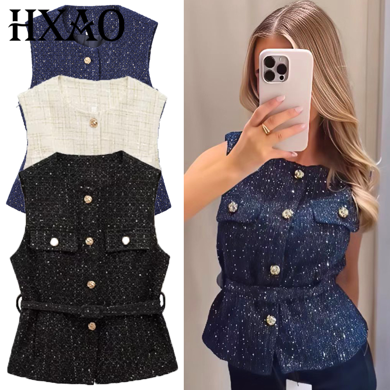 HXAO 女性のベスト夏 2025 ブルーオフホワイト黒ベストテクスチャチョッキ女性ボタンノースリーブベスト女性ファッションアウター