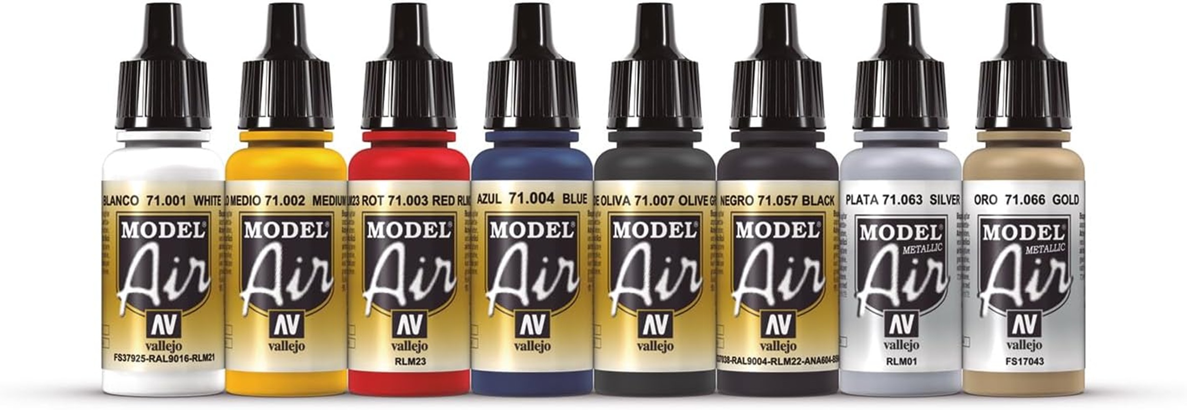 Vallejo - Model Air 基本色 |アクリル絵の具セット |あらかじめ薄められたエアブラシ対応フォーミュラ | 8つの基本的な色合い