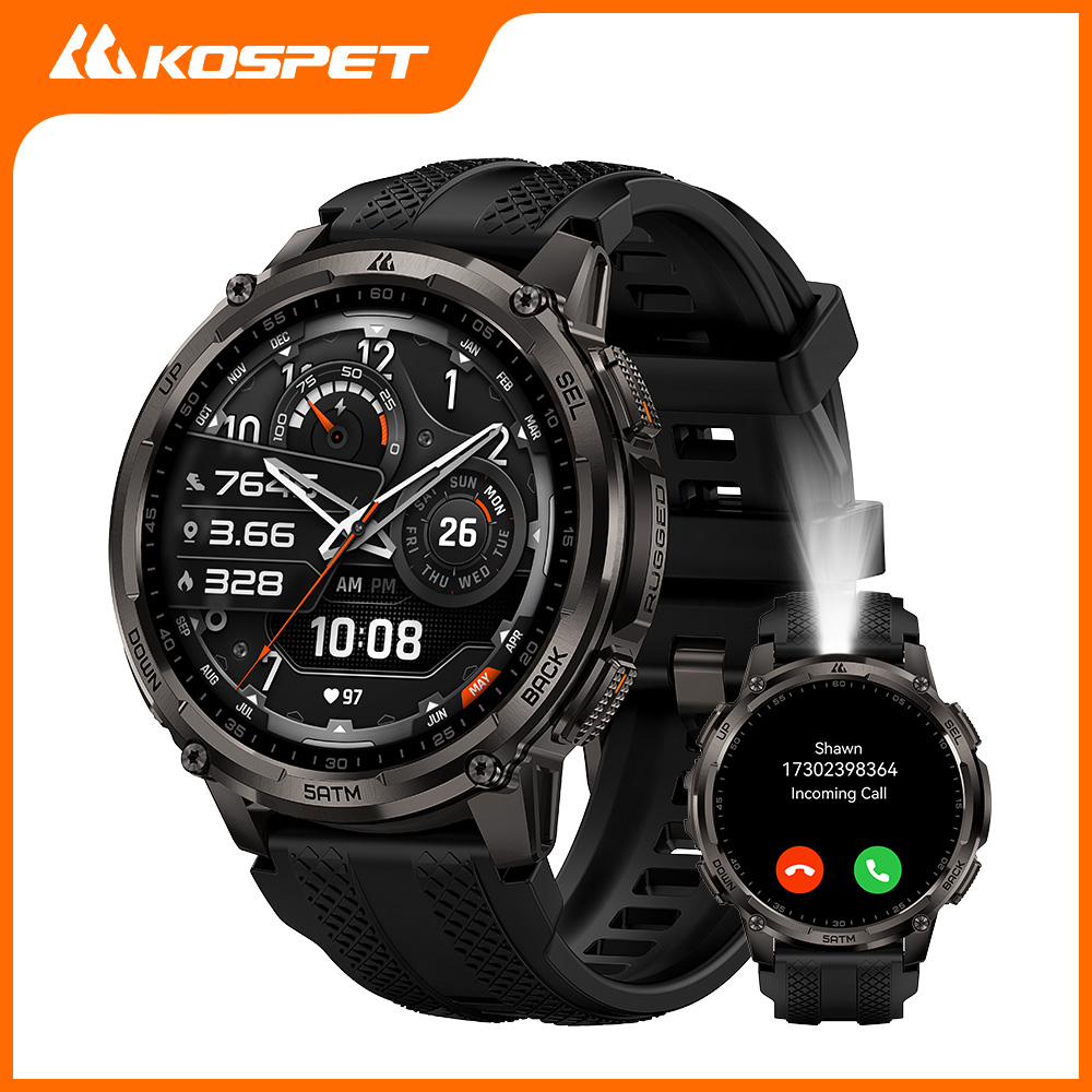 KOSPET TANK T4C スマートウォッチ メンズ アウトドア 頑丈な時計 懐中電灯付き デュアルバンド GPS 50M 防水 フィットネス
