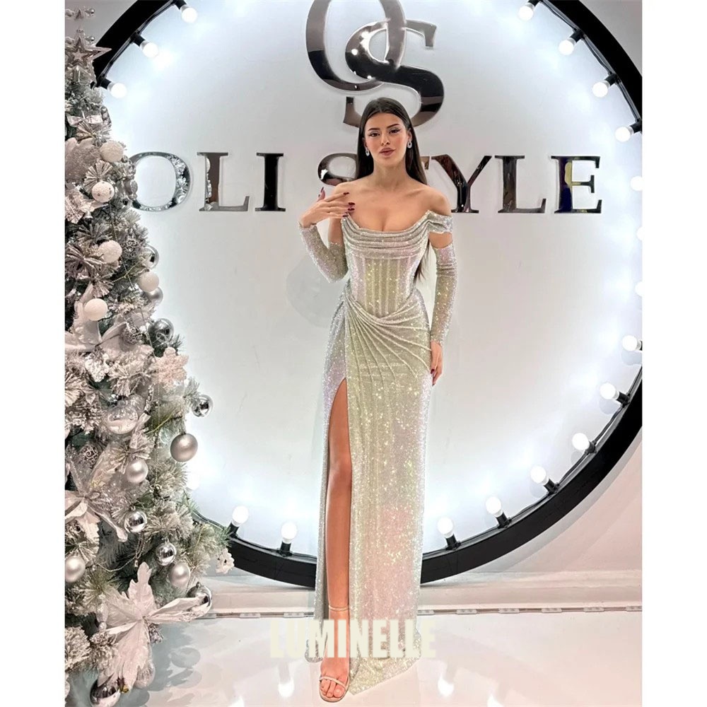 Shiny Lace Sequined vestidos de novia High Split Mermaid فساتين سهره Corset Fishbone Evening Dresses for Women Customized
